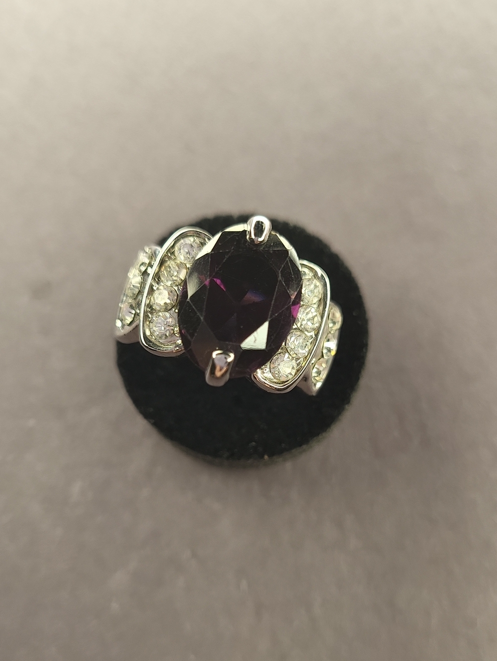 Silver Purple Oval Crystal Cocktail Ring with Clear Accent Stones